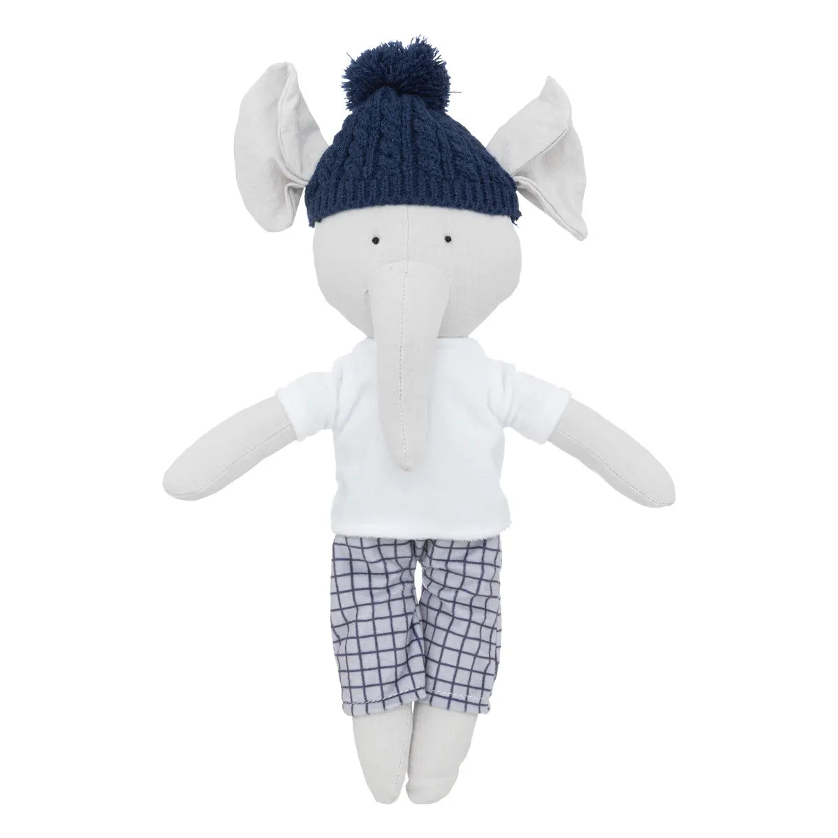 Cette peluche représente un éléphant très élégant, coiffé d'un bonnet en laine et vêtu d'un ensemble en coton. Chic et amusant, il deviendra le meilleur ami de votre enfant, posé sur un lit, un tapis de jeu ou en déco sur une étagère.Conseils d'entretienPour entretenir votre peluche, il est recommandé de la laver à la main et de la laisser sécher à l'air libre. Dimension Hauteur : 12''