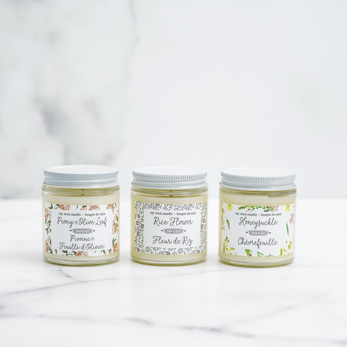 chevrefeuille,fleur-de-riz,pivoine,feuille-d-olivier,fait,quebec,fabrique,nature,idee-cadeau,produits,soins,dot-et-lil,dot-&-lil,montreal,quebec,casa-luca,bougie,chandelle,bougies,chandelles,cire-de-soya,cire-de-soja