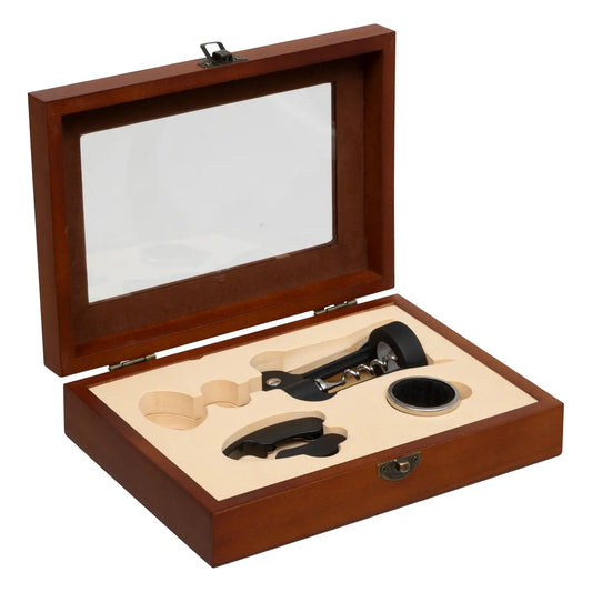 Coffret en bois de sommelier contenant :  1 tire-bouchon1 découpe-capsule1 bague anti-goutte Lavable à la main