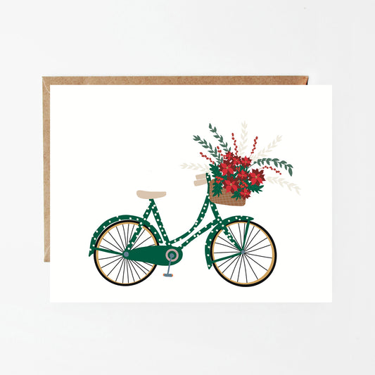 Carte de Noël - Vélo et poinsettias