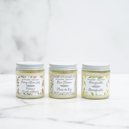 chevrefeuille,fleur-de-riz,pivoine,feuille-d-olivier,fait,quebec,fabrique,nature,idee-cadeau,produits,soins,dot-et-lil,dot-&-lil,montreal,quebec,casa-luca,bougie,chandelle,bougies,chandelles,cire-de-soya,cire-de-soja